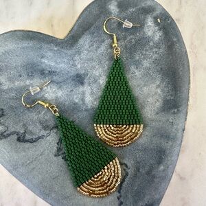 Green and Gold Seed Bead Earrings Handwoven Beaded Earrings Gift for Her